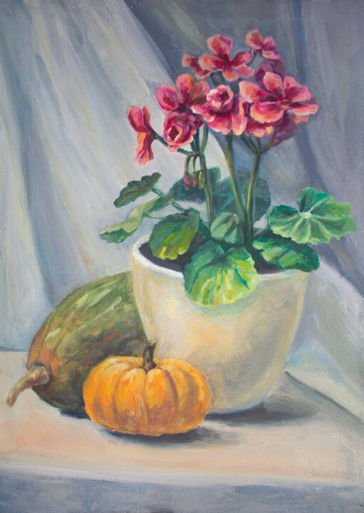 Schilderij getiteld "Golden Pumpkin and…" door Nata Hit, Origineel Kunstwerk, Olie Gemonteerd op Karton