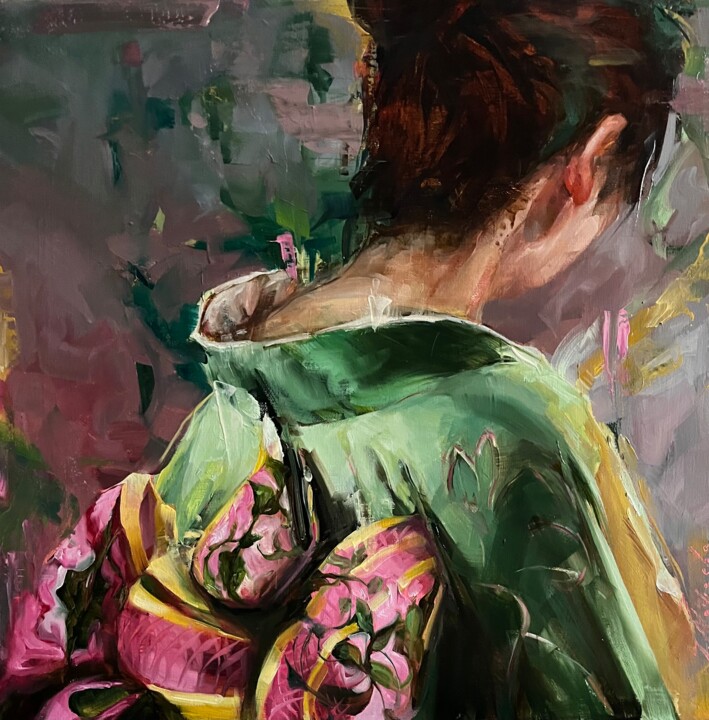 绘画 标题为“GREEN AND RASPBERRY…” 由Elena Mashajeva-Agraphiotis, 原创艺术品, 油 安装在木质担架架上