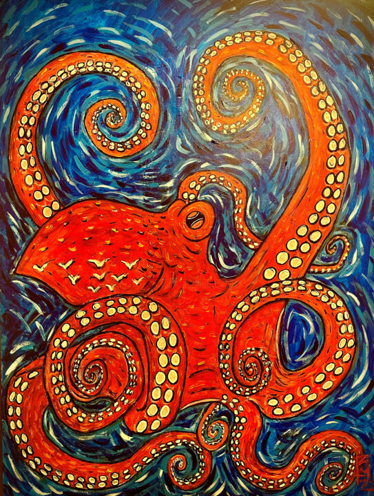 Painting titled "Dancin Devilfish" by Erik Schlobohm, Original Artwork, Acrylic Mounted on artwork_cat.