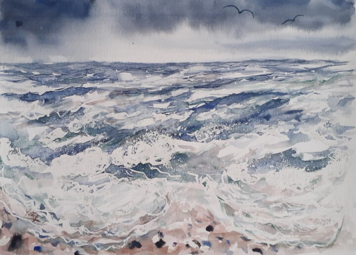 Peinture intitulée "Gros temps sur la m…" par Catherine Dufrene (Katy), Œuvre d'art originale, Aquarelle