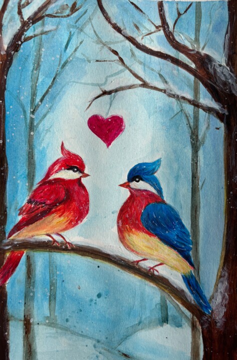 Hand painted Love Birds, original acrylic painting Painting, 8.3x5.5 in