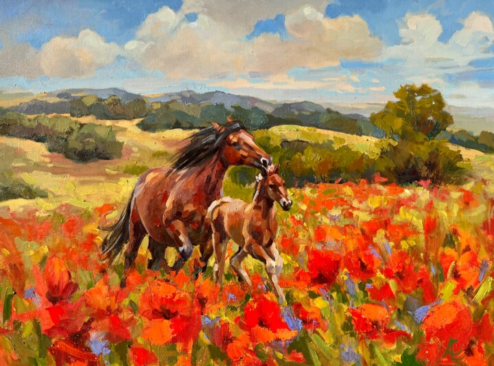 Un cheval et son poulain. Peinture à l’huile 绘画, 21.7x28.4 in
