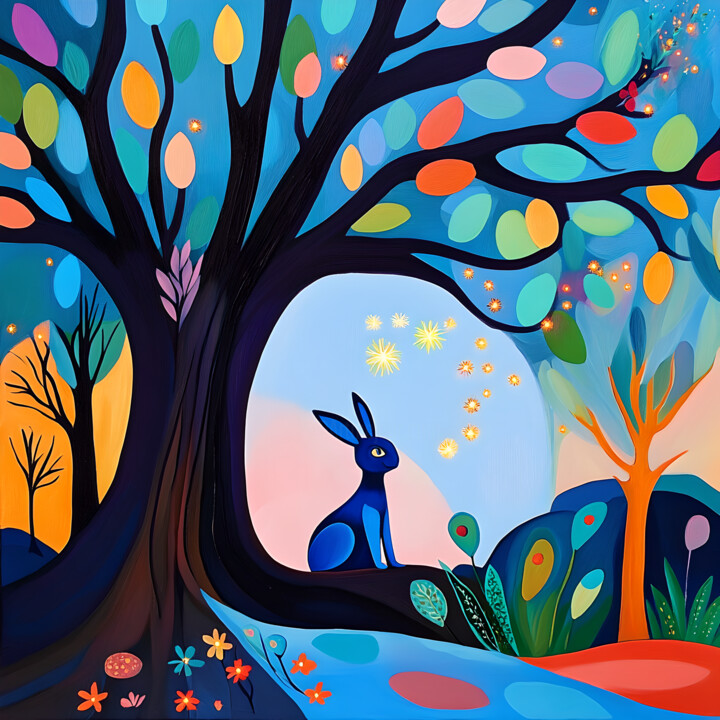 Vibrant Digital Artwork: Rabbit in a Geometric Dreamscape 数字艺术