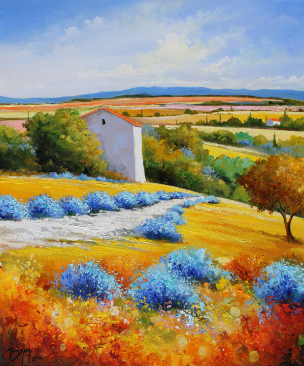 Chemin et lavandes 绘画, 21.7x18.1 in