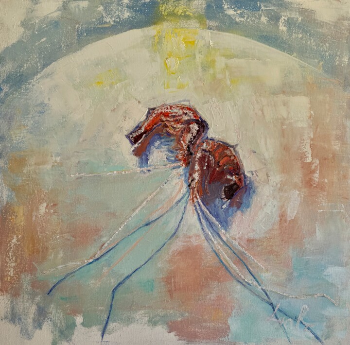 DEUX PETITES CREVETTES GRISES SUR UNE ASSIETTE BLANCHE 绘画, 19.7x19.7 in