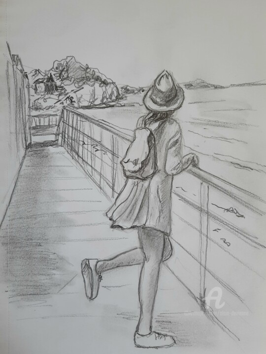 ESQUISSE SUR LA DIGUE Рисунок, 11,8x8,3 in
