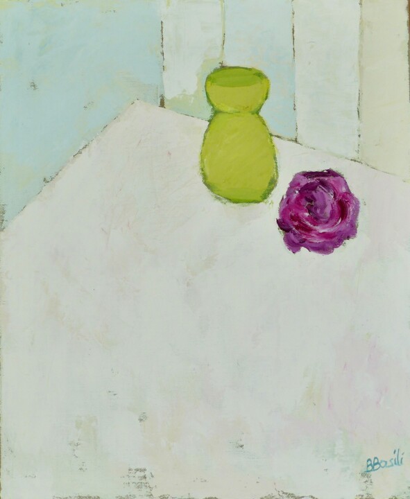 Painting titled "Vase vert et une ro…" by Bénédicte Basili, Original Artwork, Oil Mounted on Wood Stretcher frame