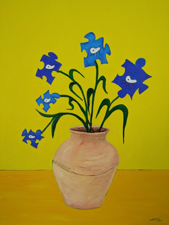 Painting titled "Sunflower puzzle" by Wabyanko, Original Artwork, Acrylic Mounted on Wood Stretcher frame