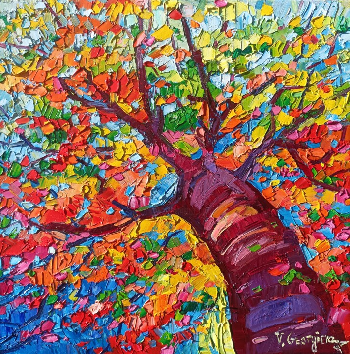 Painting titled "Fall tree" by Vanya Georgieva, Original Artwork, Oil Mounted on Wood Stretcher frame