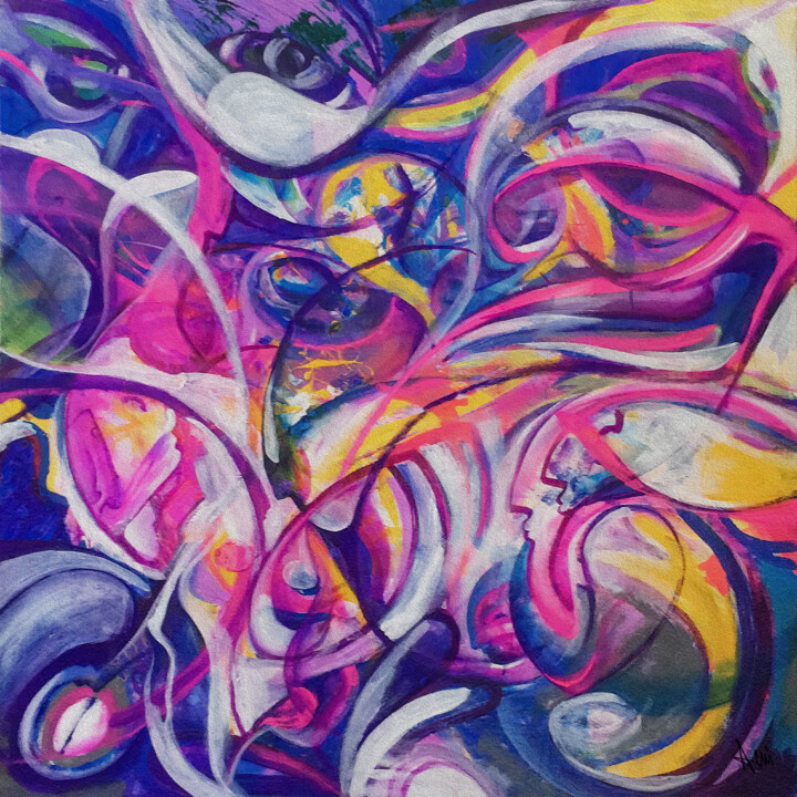 "Synchronization" Large Abstract violet Painting 120*120 绘画, 47.2x47.2 in