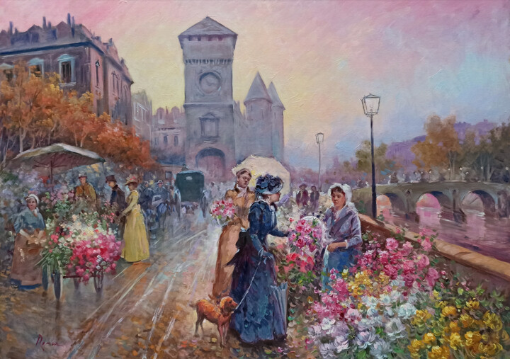 Sunset on Paris - old France Belle Epoque painting Schilderij, 19,7x27,6 in