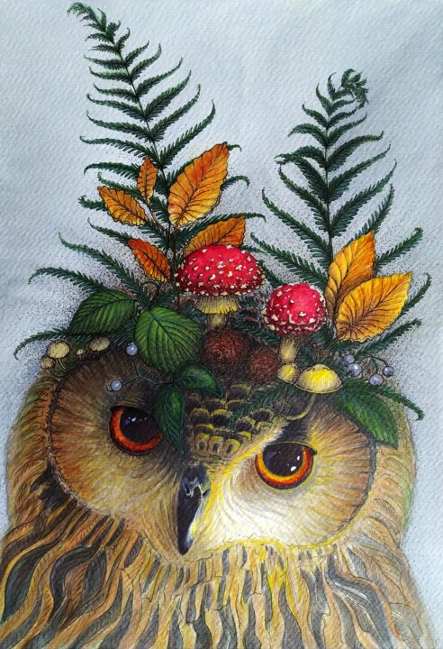 Forest Owl hand-painted watercolor illustration. 绘画, 12.4x8.7 in