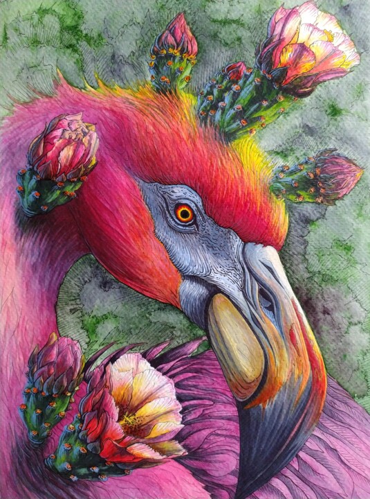 Flamingo hand-painted watercolor illustration. 绘画, 12.4x8.7 in