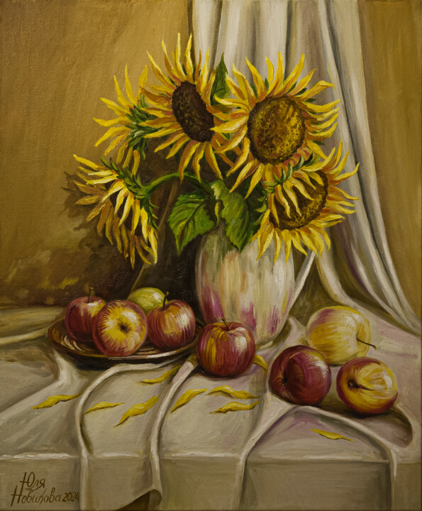 "Sunflowers" Painting with sunflowers, Painting with apple 绘画, 23.6x19.7 in