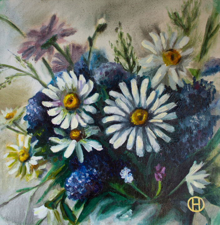 Schilderij getiteld "Bouquet of blue flo…" door Nata Hit, Origineel Kunstwerk, Olie Gemonteerd op Karton