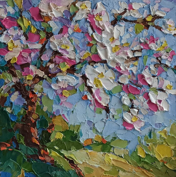 Cherry Blossom Impasto Framed, Garden Landscape Painting, 7.9x7.9 in