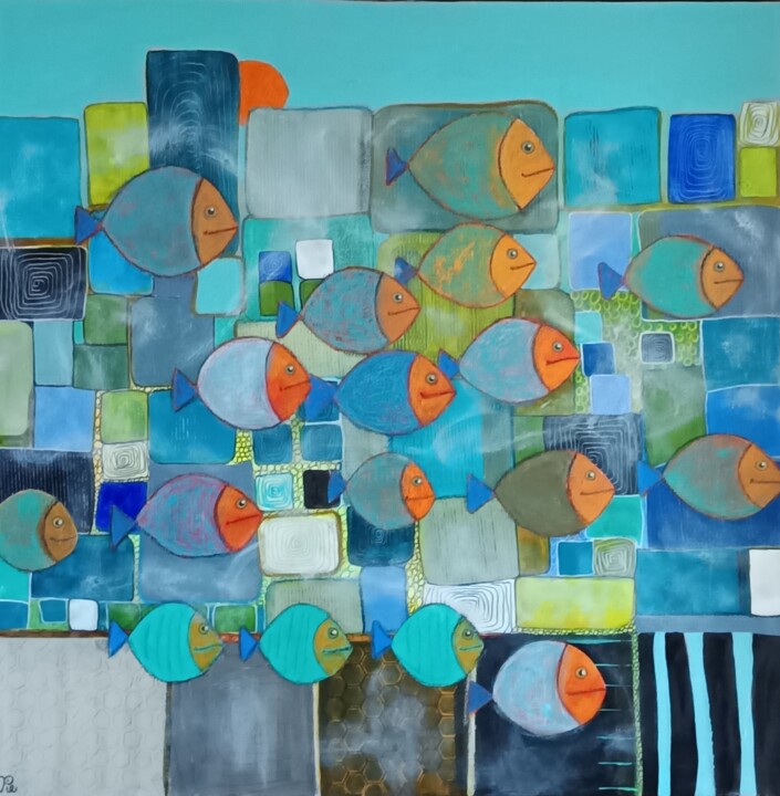 Fish in the city 绘画, 31.5x31.5 in