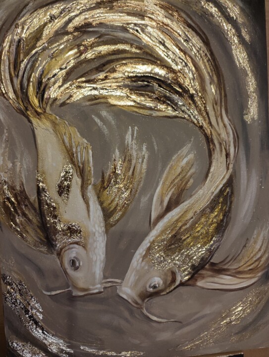" стильная картина акрилом золотые карпы " 绘画, 15.8x11.8 in