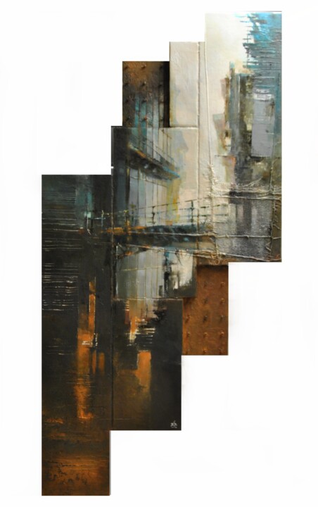 Painting titled "Le point d'équilibre" by Jicé, Original Artwork, Oil Mounted on Wood Panel