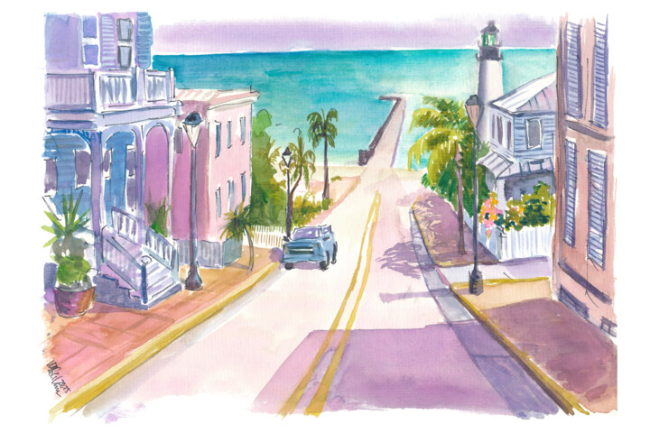 Key West Charm with Lighthouse Glow and Turquoise Waters Painting, 7.9x11.8 in