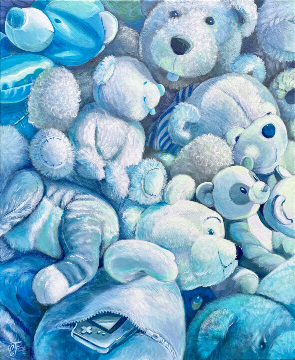 Schilderij getiteld "L'heure bleue" door Christel Fréon, Origineel Kunstwerk, Acryl Gemonteerd op Frame voor houten brancard
