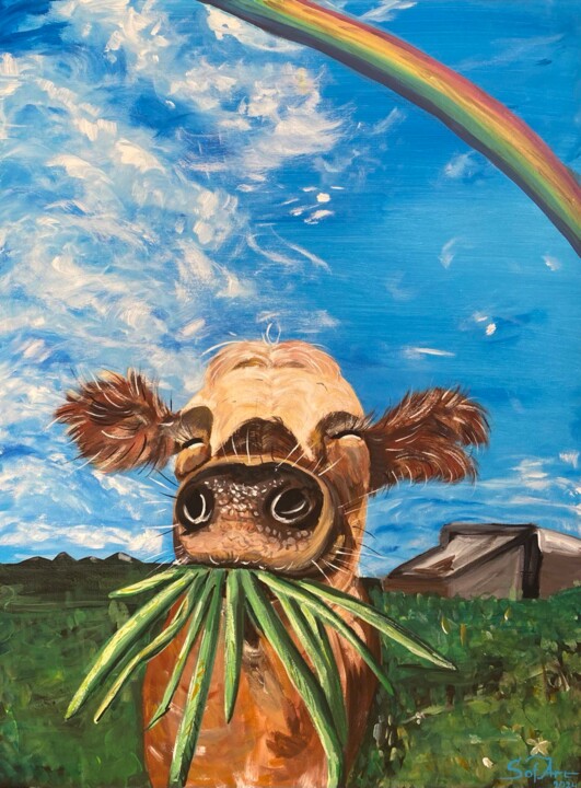Adorable village cow with rainbow 绘画, 31.5x23.6 in