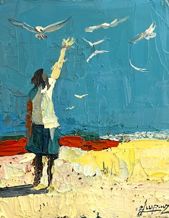 Dancing with Seagulls Painting, 9.5x7.5 in