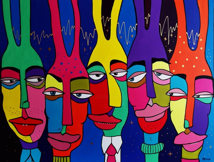 Crazy Party - Surreal Pop Art Naïve Painting. Schilderij, 27,6x35,4 in