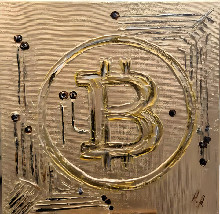 Golden Bitcoin Symbol Abstract 20x20cm 미술작품, 7.9x7.9 in