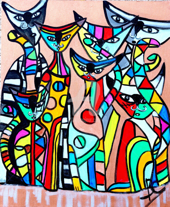 Family of colorful cats with geometric shapes Schilderij, 25,6x21,7 in