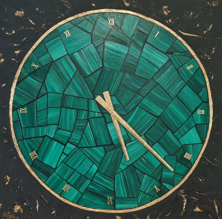 Cadran malachite Or 24k, Horloge avec mécanisme 2 aiguilles 绘画, 31.5x31.5 in
