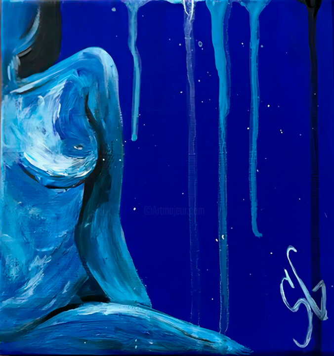 Female body in moonlight blue light 绘画, 7.9x7.9 in