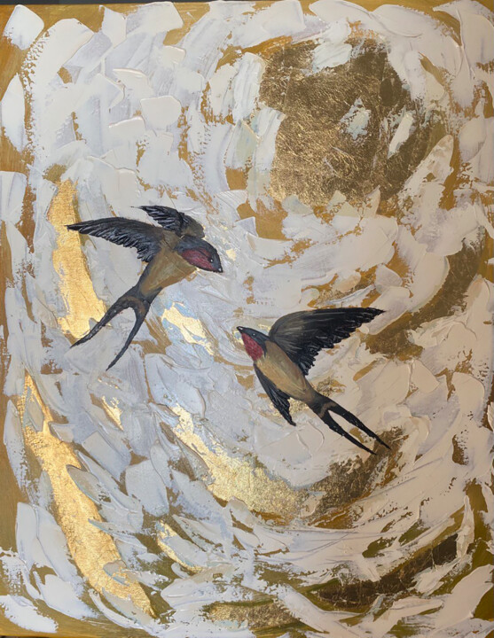 Golden Flight – Birds in Celestial Dance 绘画, 35.4x27.6 in
