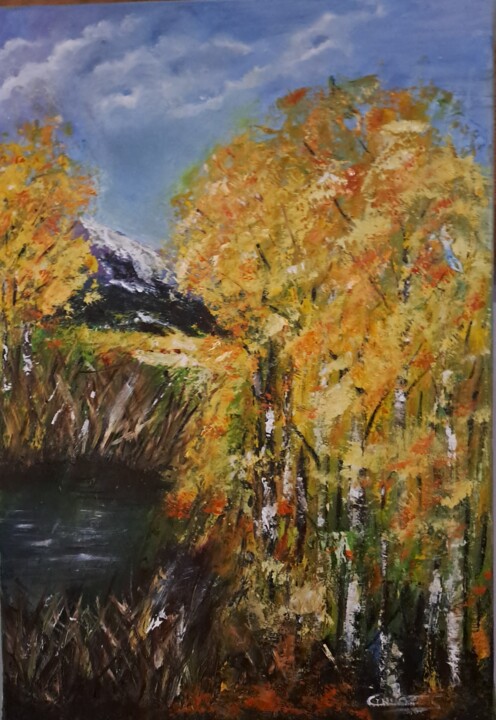 Painting titled "Couleurs d'automne" by Cré'Art "Ghilozzi", Original Artwork, Oil Mounted on Wood Stretcher frame