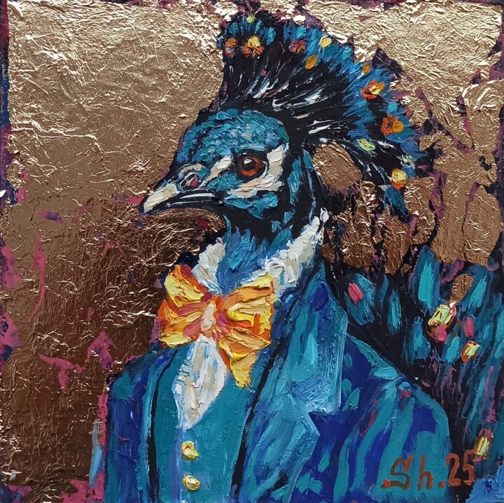 Bird Painting, Original Animal Art, Peacock Fantasy Impasto 绘画, 5.9x5.9 in