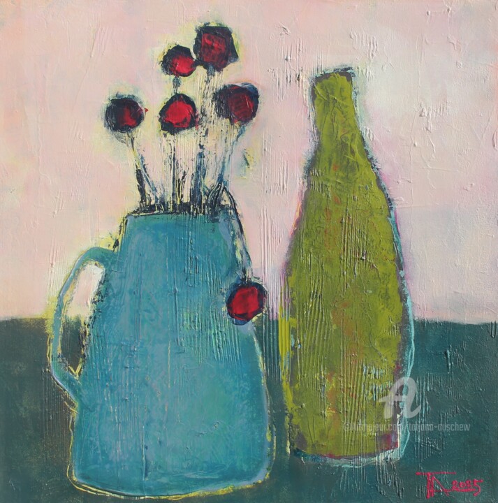 Stillleben mit einer grünen Flasche. 绘画, 19.7x19.7 in