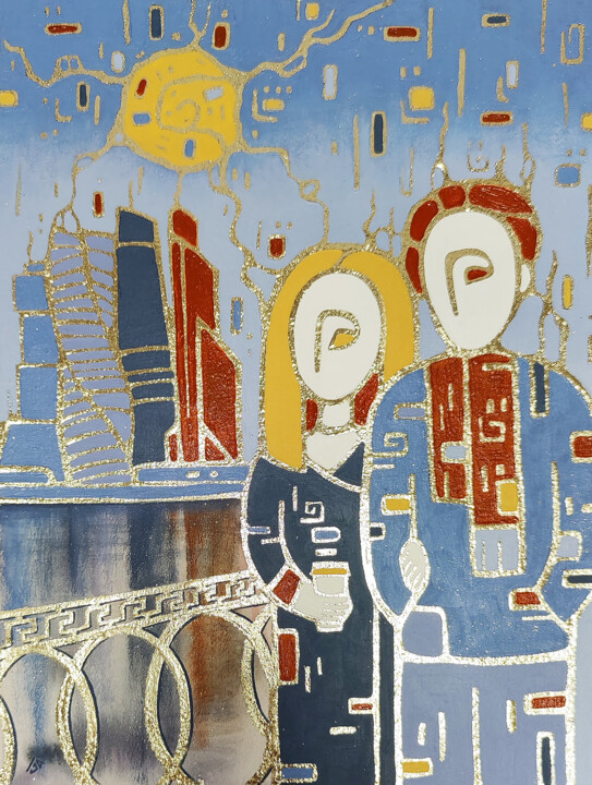 Moscow Сity, acrylic and watercolor with Gold foil Tablo, 12,2x9,3 in