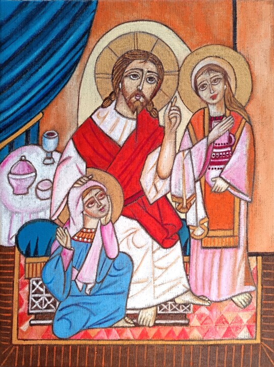 Peinture intitulée "Jésus avec Marthe e…" par Laure Barlet, Œuvre d'art originale, Huile Monté sur Châssis en bois