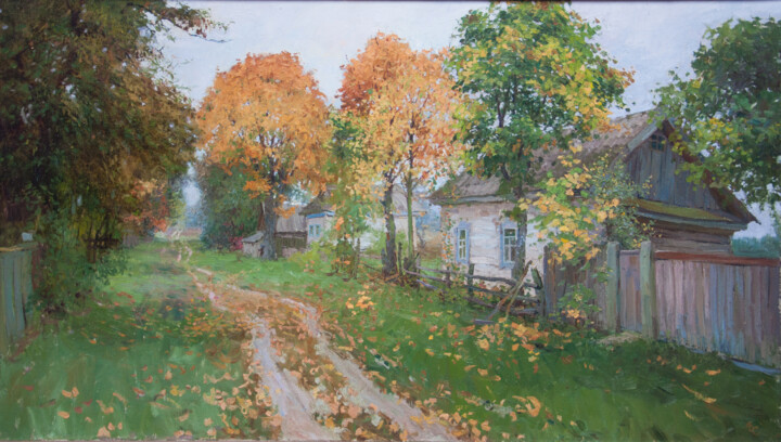 Autumn In the village. Large oil painting. Schilderij, 23,6x41,3 in