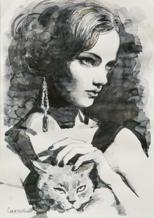 Watercolor Painting - Monochrome Woman with Cat Resim, 16,5x11,8 in