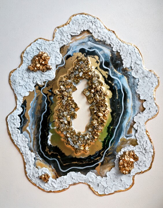 Modern Gold & Silver Agate Painting 绘画, 15.8x19.7 in