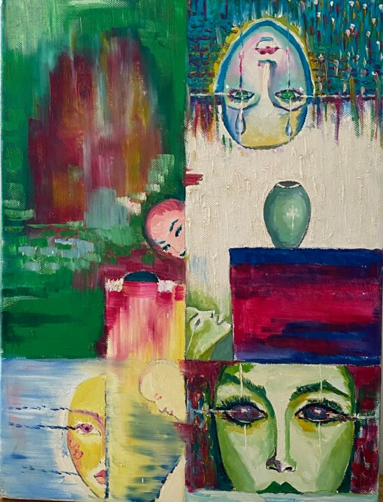 Painting titled "sentiments humains" by Tahira Quliyeva, Original Artwork, Oil Mounted on Wood Stretcher frame