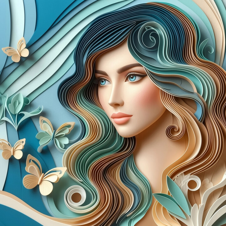 Ethereal Elegance: Digital Papercraft Portrait of a Woman 数字艺术