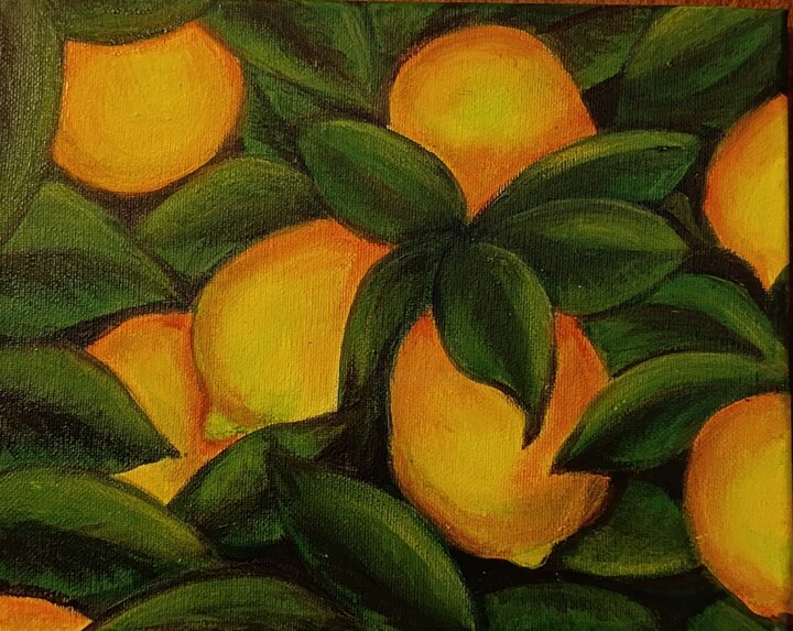 Painting titled "Citrons juteux." by Y.Oranzh, Original Artwork, Acrylic Mounted on Wood Stretcher frame