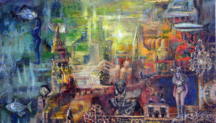 Painting titled "Ghost Town" by Sergei Lisitsyn, Original Artwork, Oil Mounted on Cardboard
