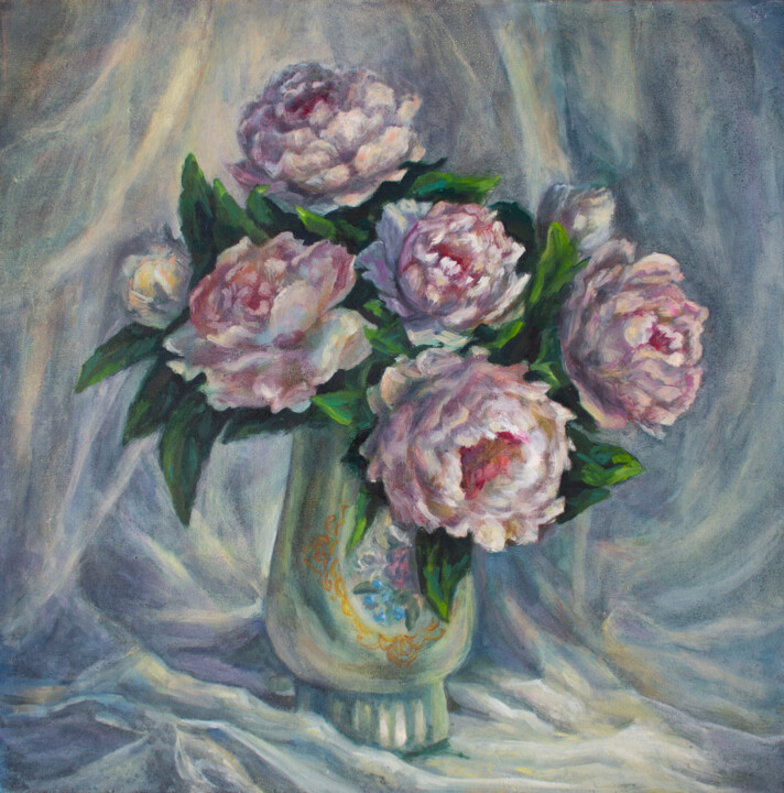 Schilderij getiteld "Delicate pink peoni…" door Nata Hit, Origineel Kunstwerk, Olie Gemonteerd op Karton