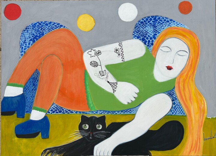 Femme allongée sur un fauteuil avec son chat noir 绘画, 39.4x28.7 in