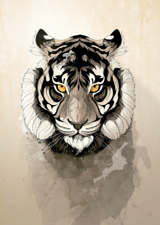 绘画 标题为“Tiger” 由Rafael Castillo Guillén, 原创艺术品, 水彩 安装在其他刚性面板上