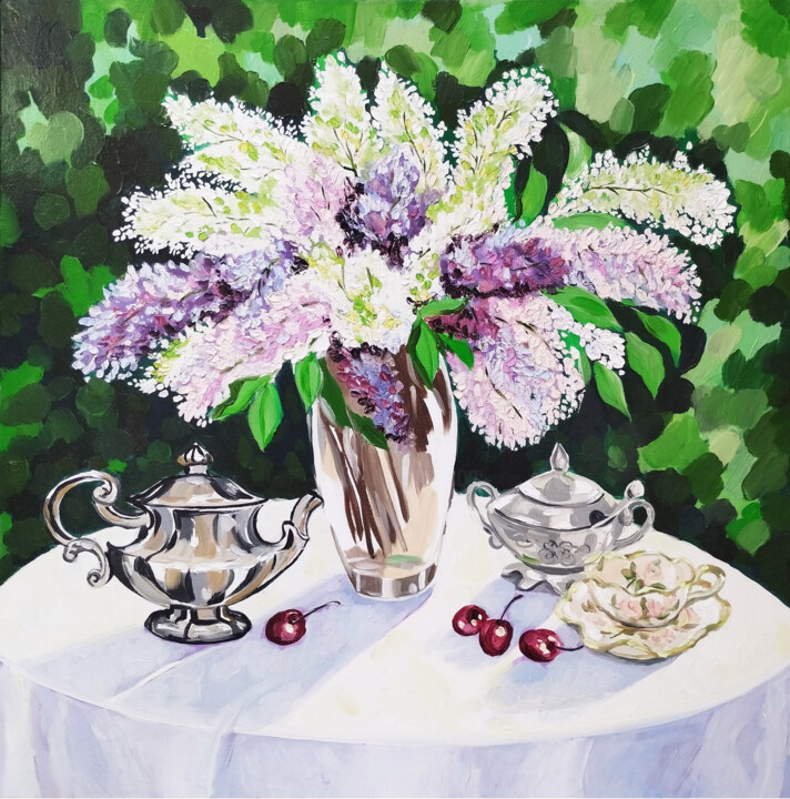 LILACS PAINTING OIL CANVAS ORIGINAL ART SPRING STILL LIFE 绘画, 23.6x23.6 in