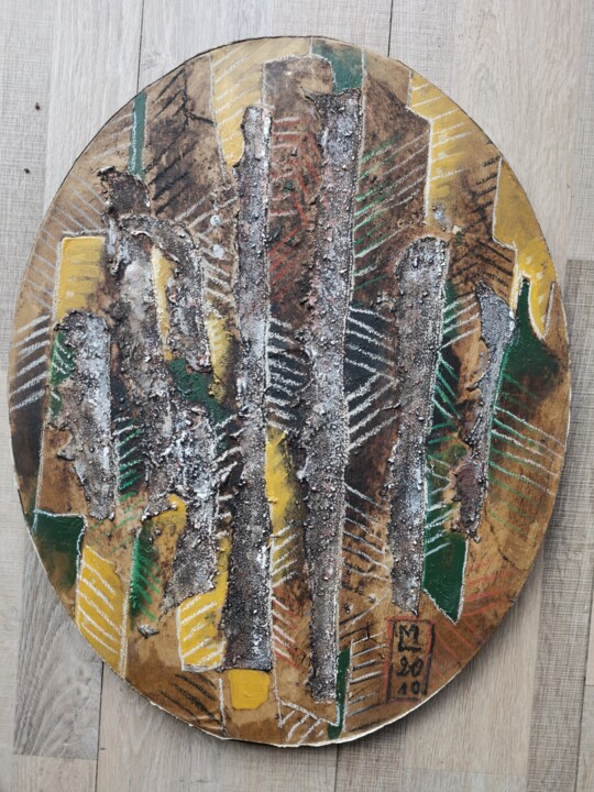 Collages intitulée "Flambeaux" par Marc Lefebvre, Œuvre d'art originale, Tissu Monté sur Châssis en bois